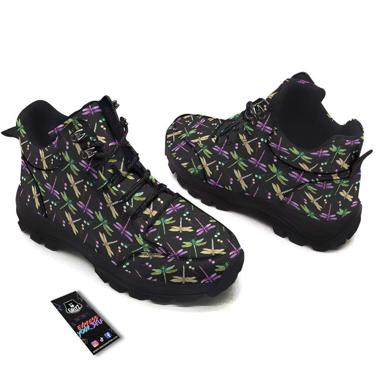 Dragonfly Black Purple And Teal Print Pattern Hiking Shoes-grizzshop