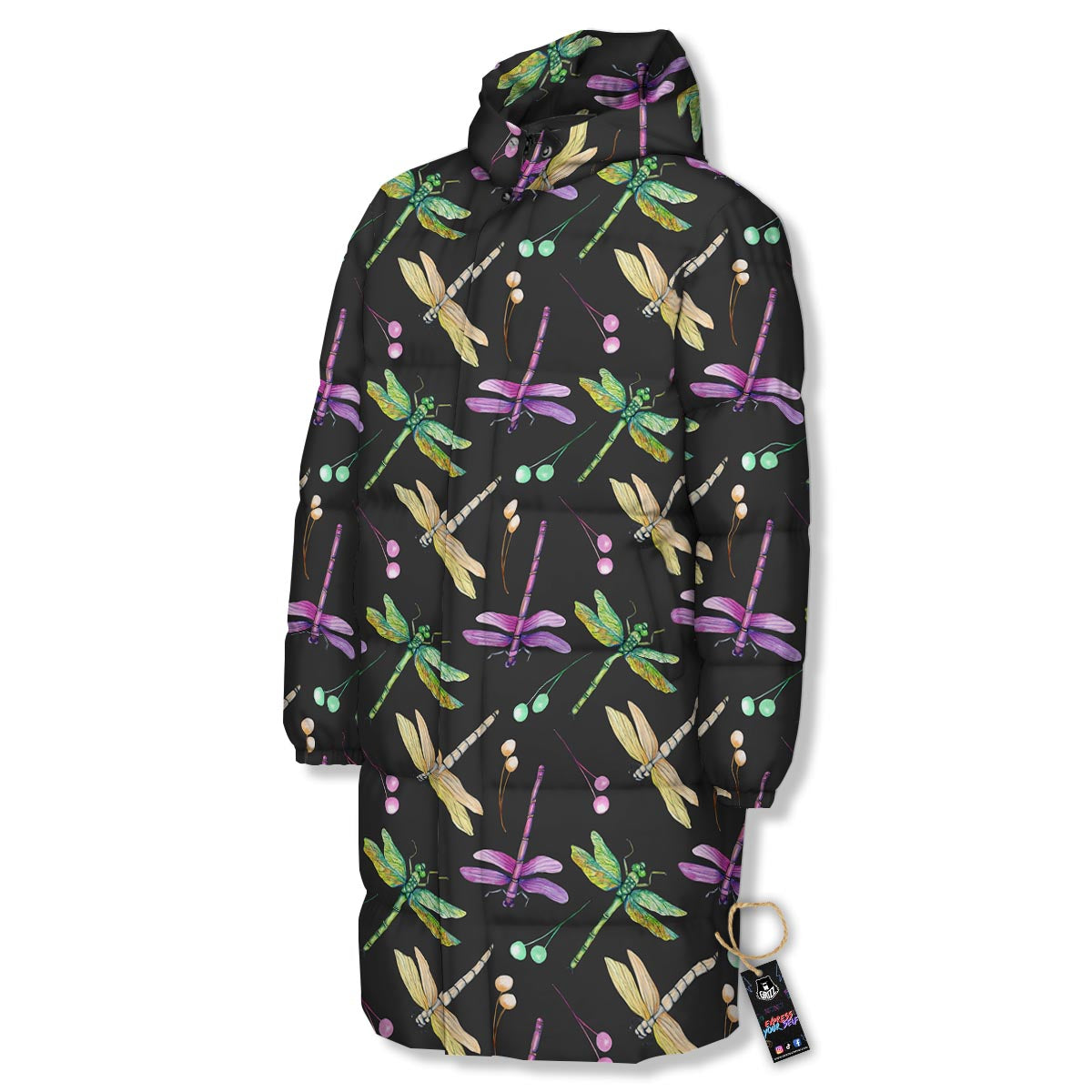 Dragonfly Black Purple And Teal Print Pattern Long Down Jacket-grizzshop