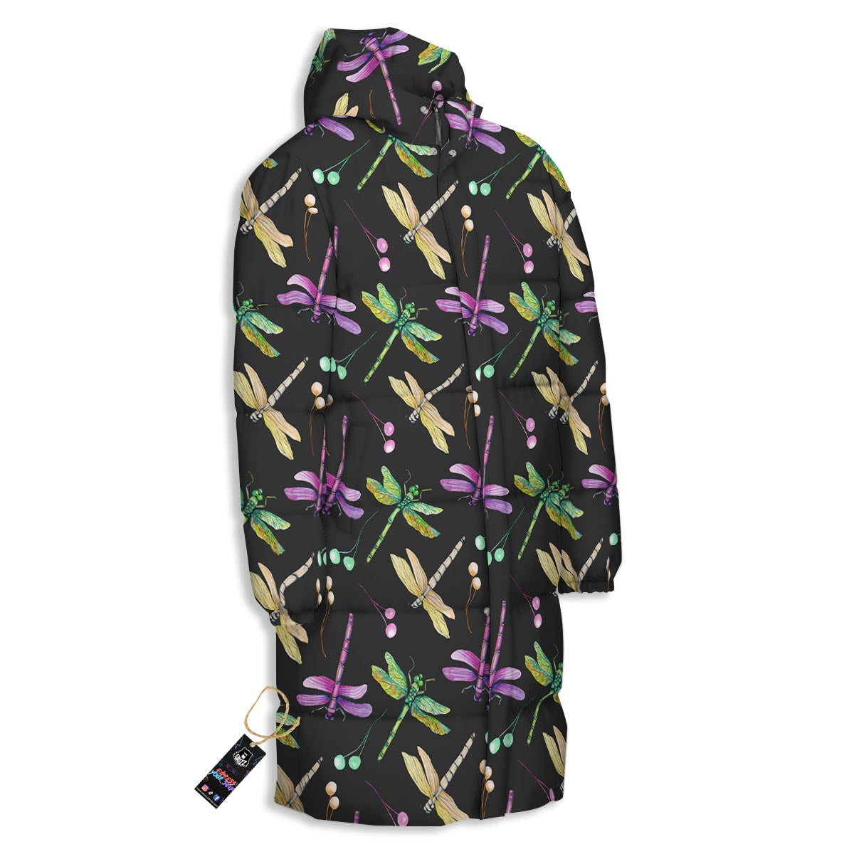 Dragonfly Black Purple And Teal Print Pattern Long Down Jacket-grizzshop