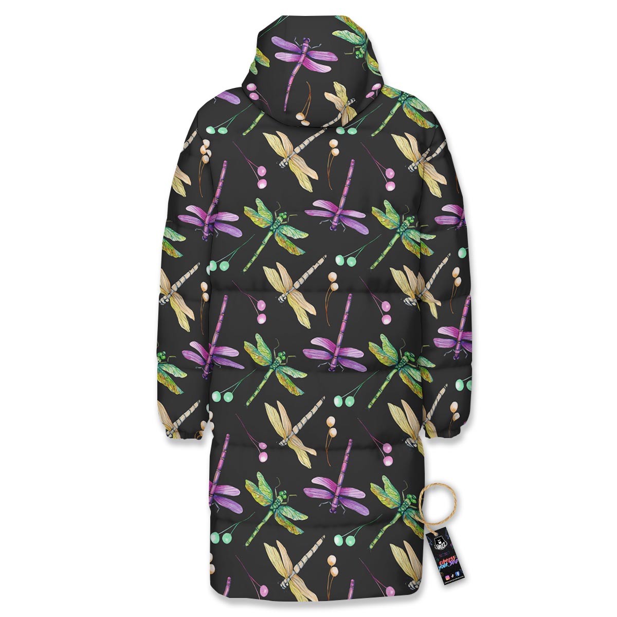 Dragonfly Black Purple And Teal Print Pattern Long Down Jacket-grizzshop