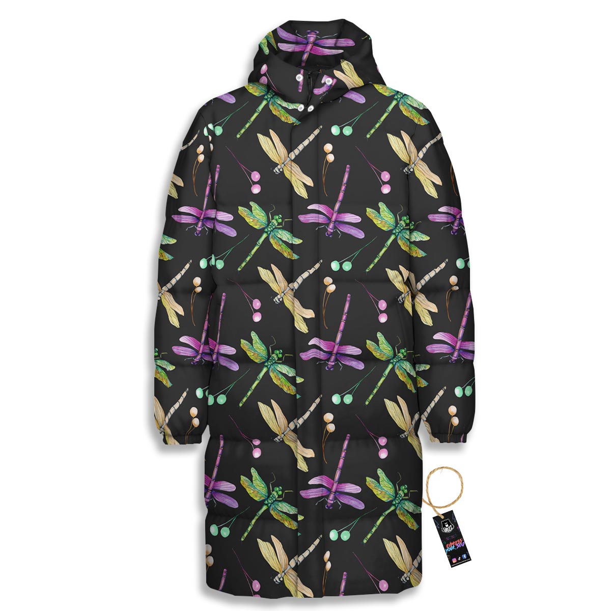 Dragonfly Black Purple And Teal Print Pattern Long Down Jacket-grizzshop