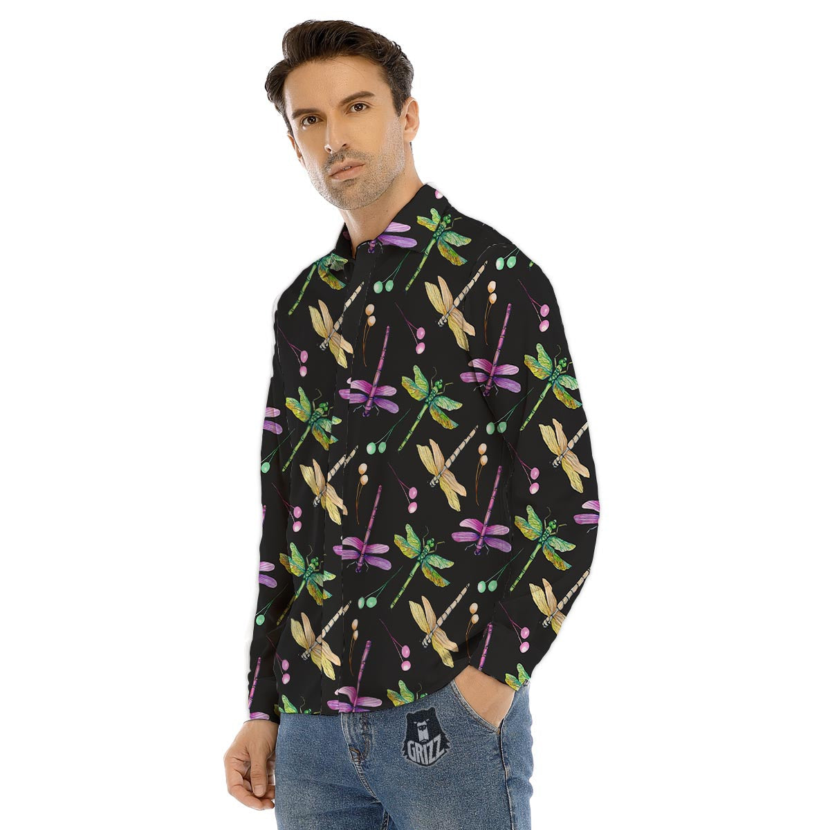 Dragonfly Black Purple And Teal Print Pattern Men's Dress Shirts-grizzshop