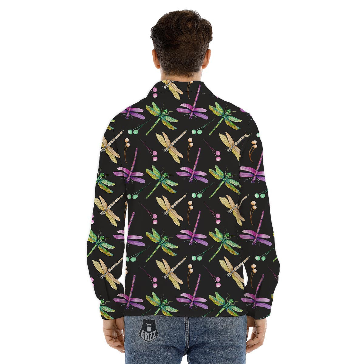 Dragonfly Black Purple And Teal Print Pattern Men's Dress Shirts-grizzshop