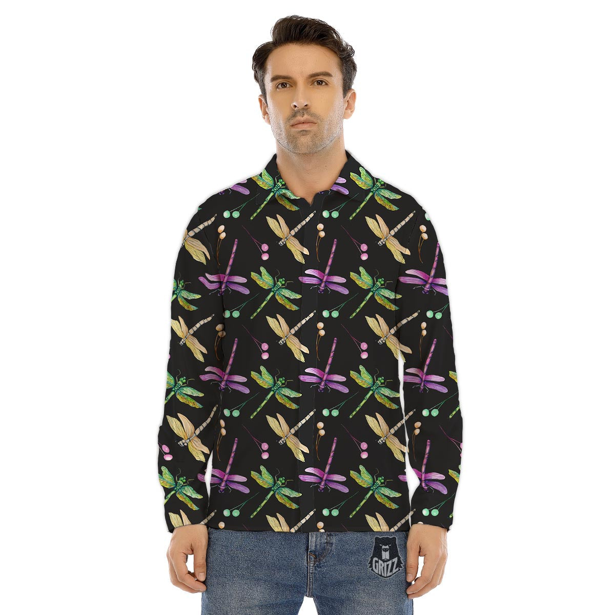 Dragonfly Black Purple And Teal Print Pattern Men's Dress Shirts-grizzshop