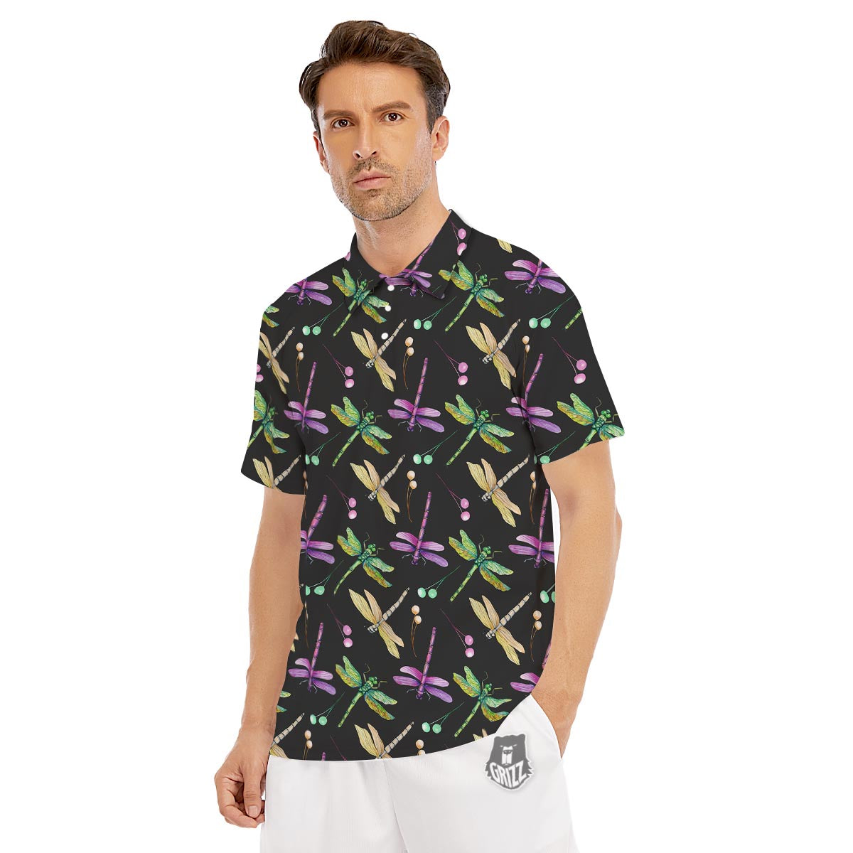 Dragonfly Black Purple And Teal Print Pattern Men's Golf Shirts-grizzshop