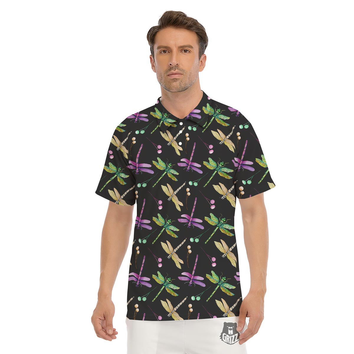 Dragonfly Black Purple And Teal Print Pattern Men's Golf Shirts-grizzshop