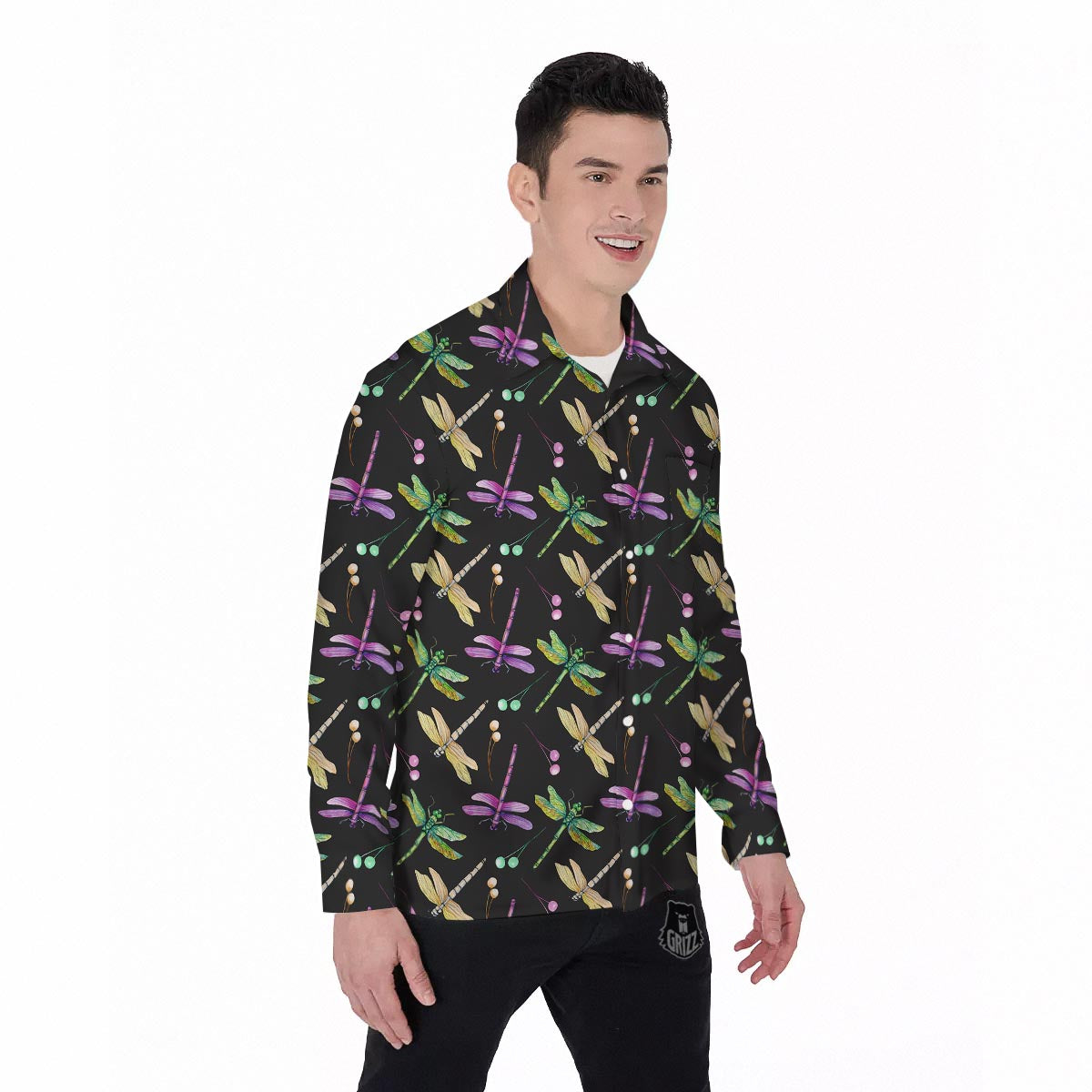 Dragonfly Black Purple And Teal Print Pattern Men's Long Sleeve Shirts-grizzshop