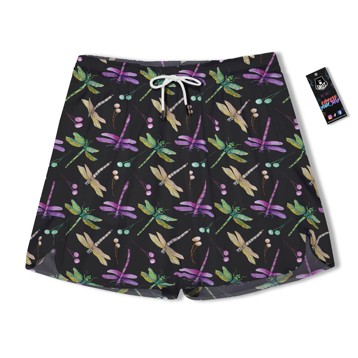 Dragonfly Black Purple And Teal Print Pattern Men's Running Shorts-grizzshop