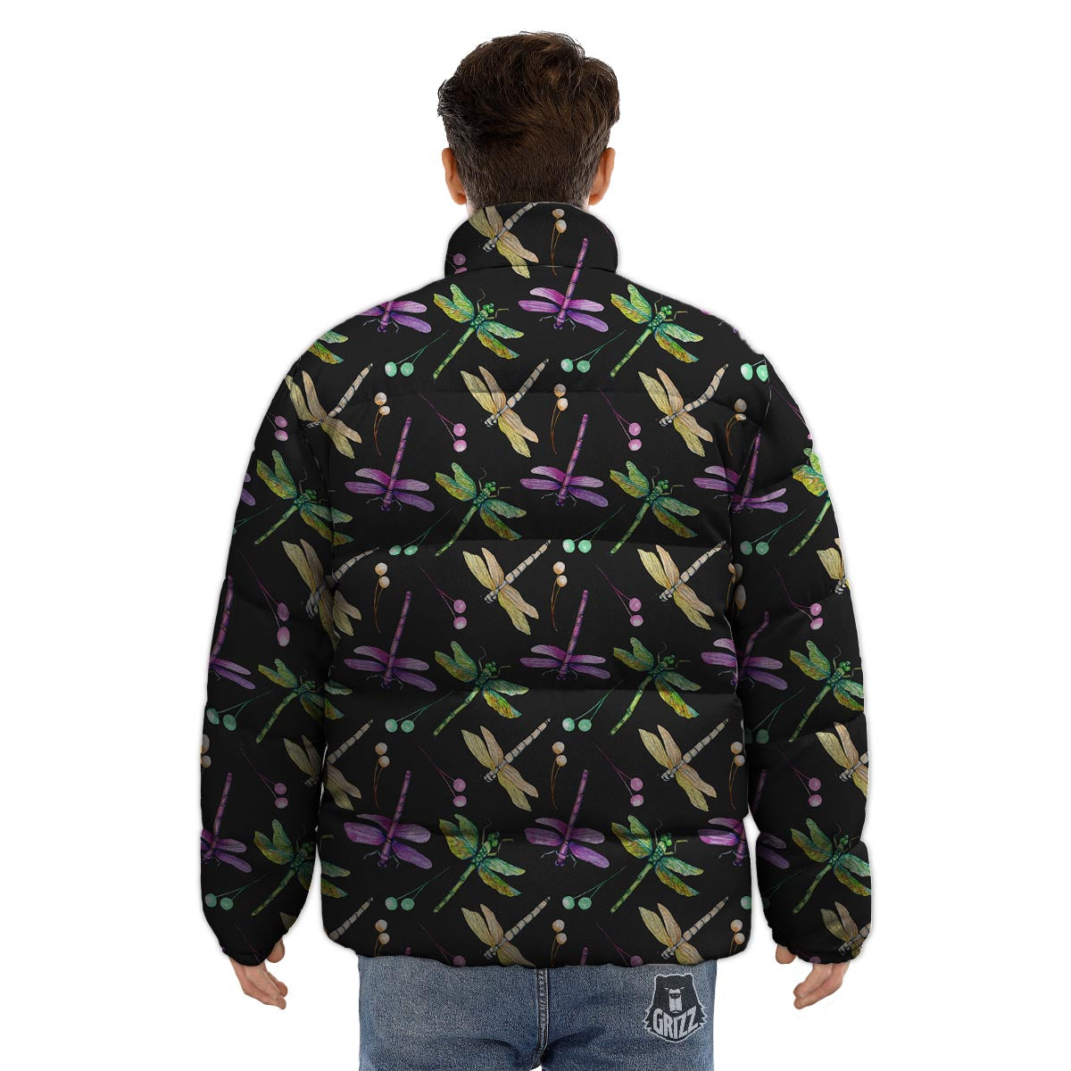Dragonfly Black Purple And Teal Print Pattern Puffer Jacket-grizzshop
