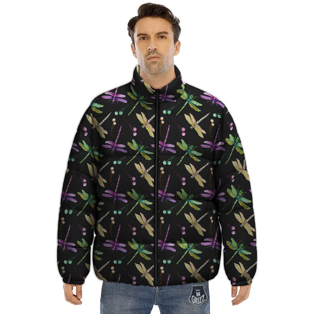 Dragonfly Black Purple And Teal Print Pattern Puffer Jacket-grizzshop