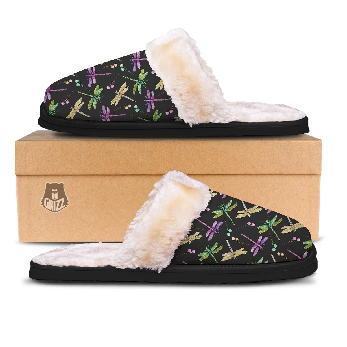 Dragonfly Black Purple And Teal Print Pattern Slippers-grizzshop