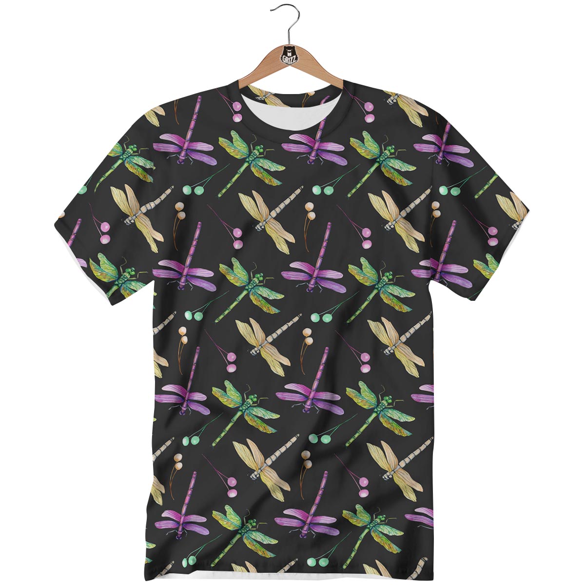 Dragonfly Black Purple And Teal Print Pattern T-Shirt-grizzshop
