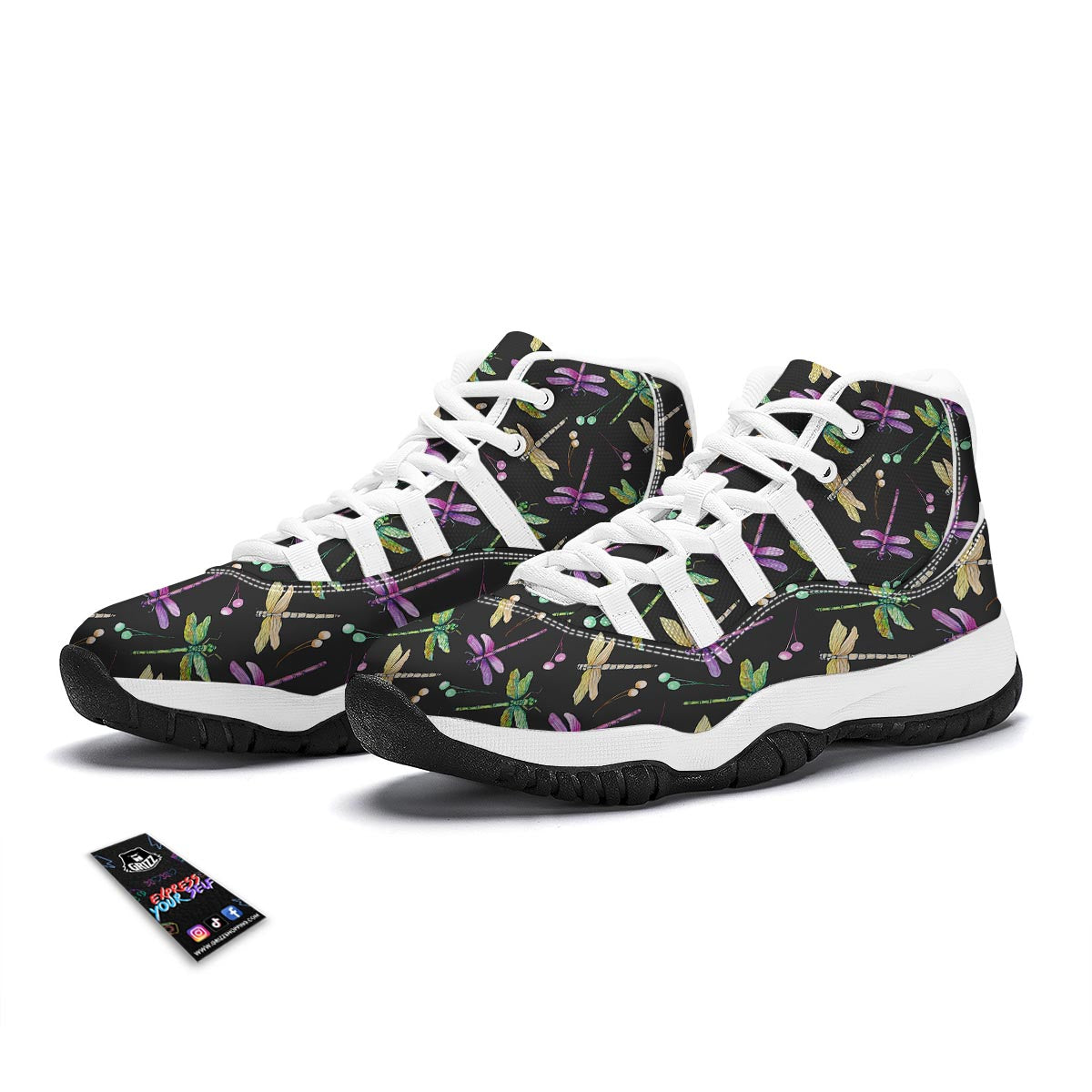 Dragonfly Black Purple And Teal Print Pattern White Bball Shoes-grizzshop