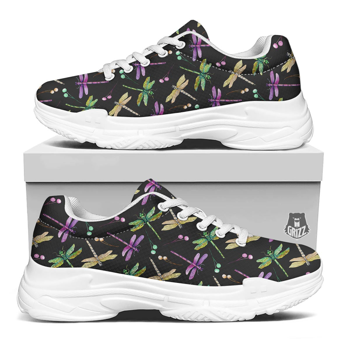 Dragonfly Black Purple And Teal Print Pattern White Chunky Shoes-grizzshop