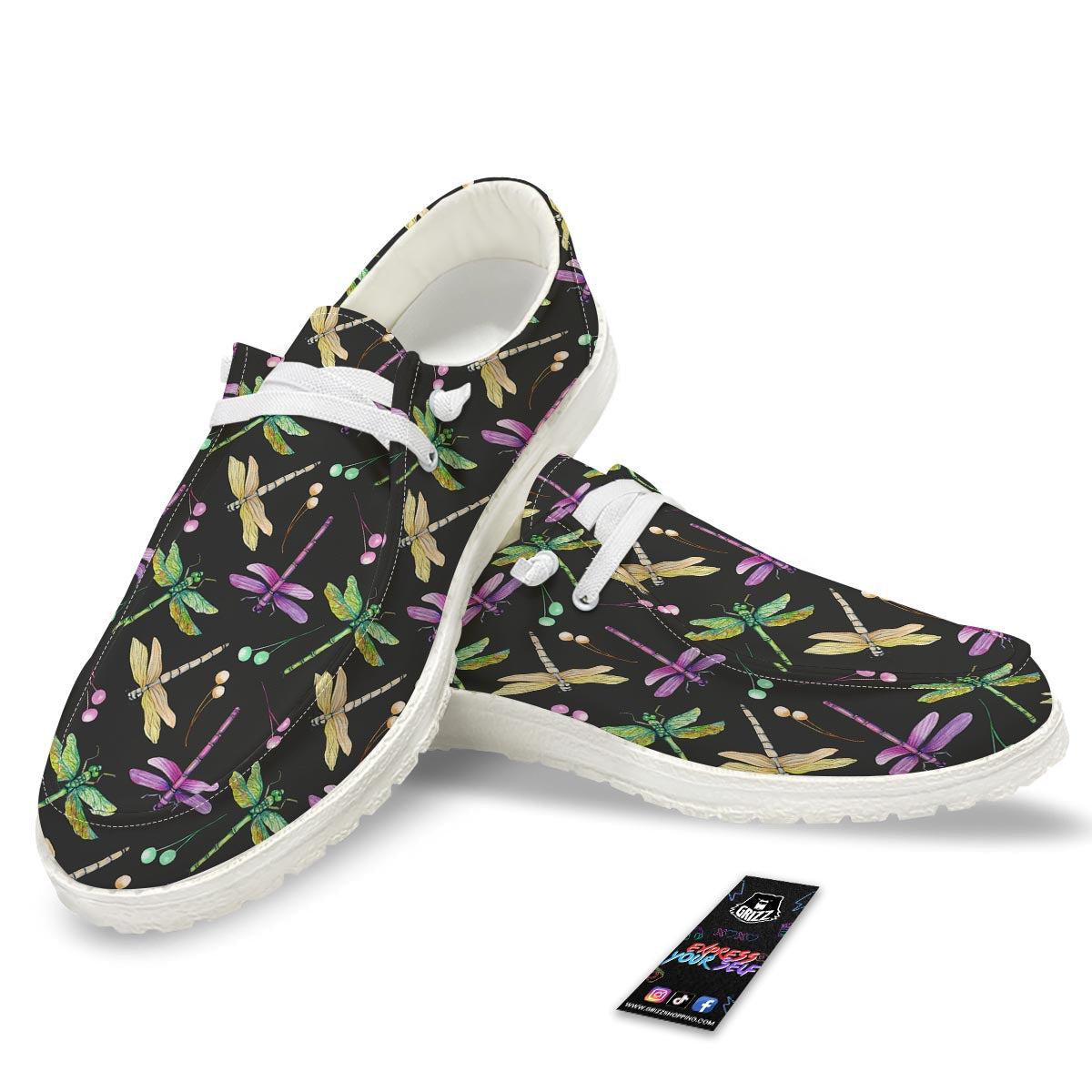 Dragonfly Black Purple And Teal Print Pattern White Loafers-grizzshop
