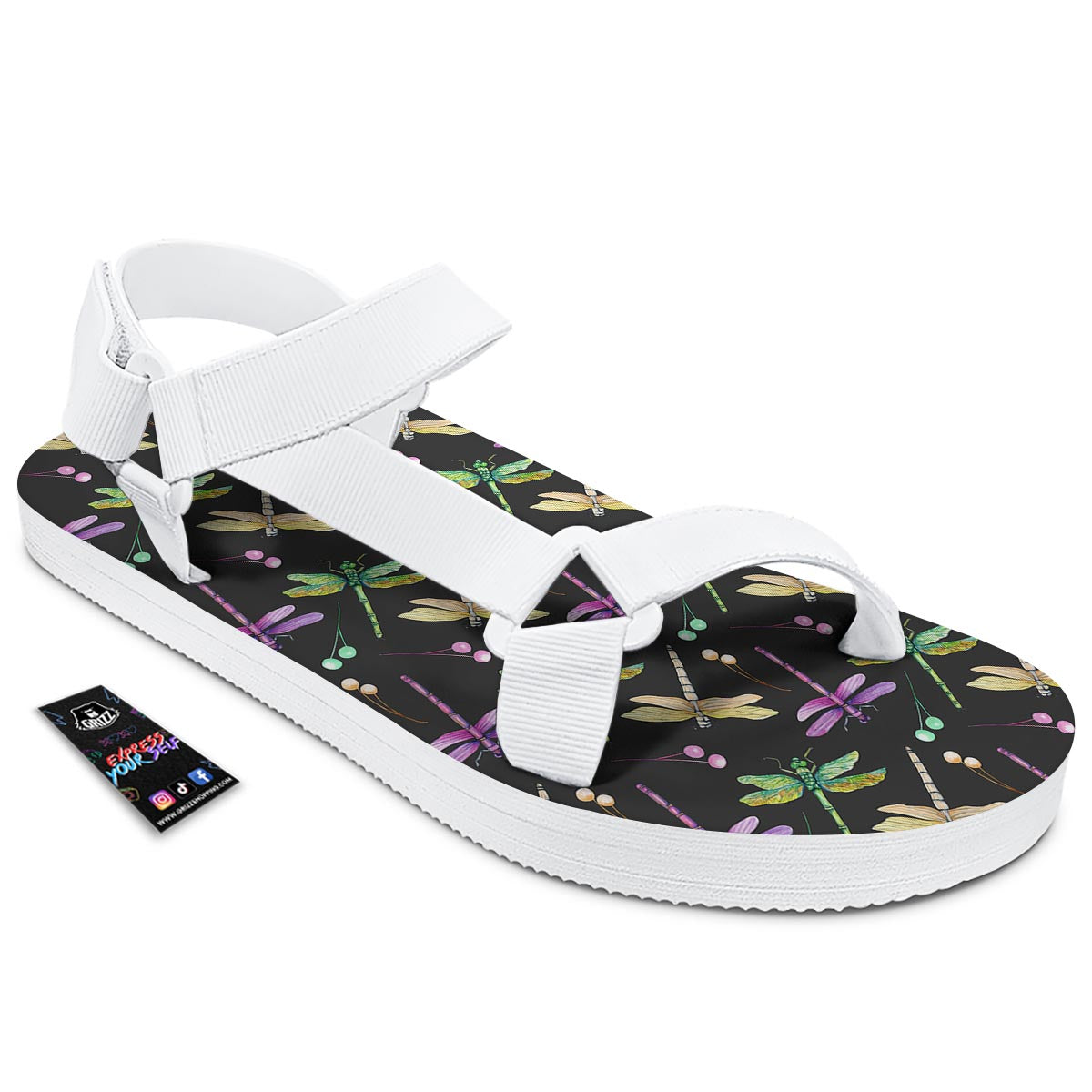 Dragonfly Black Purple And Teal Print Pattern White Open Toe Sandals-grizzshop
