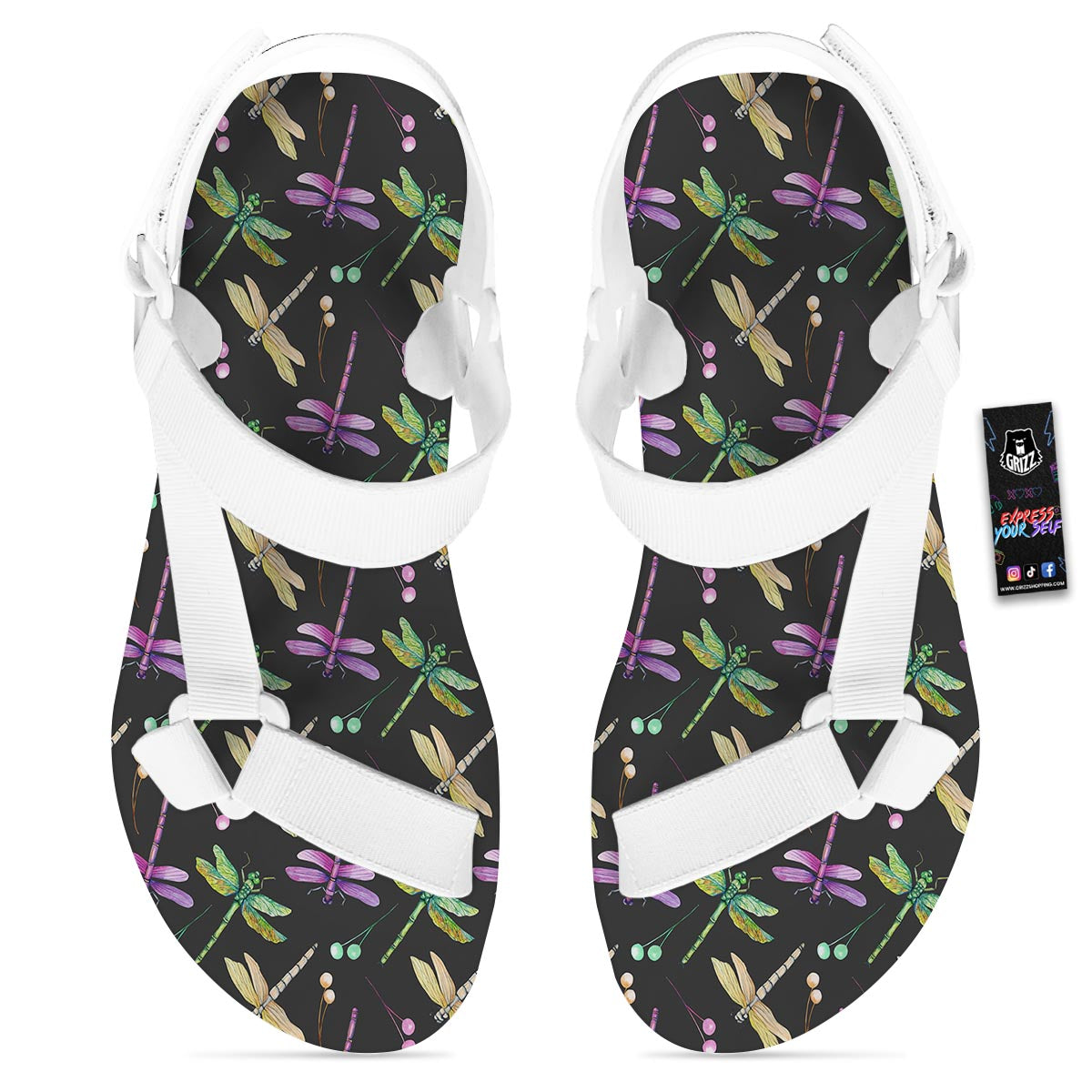 Dragonfly Black Purple And Teal Print Pattern White Open Toe Sandals-grizzshop