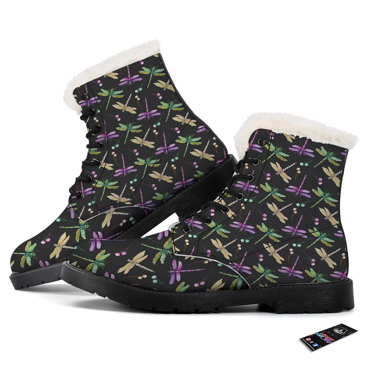 Dragonfly Black Purple And Teal Print Pattern Winter Boots-grizzshop