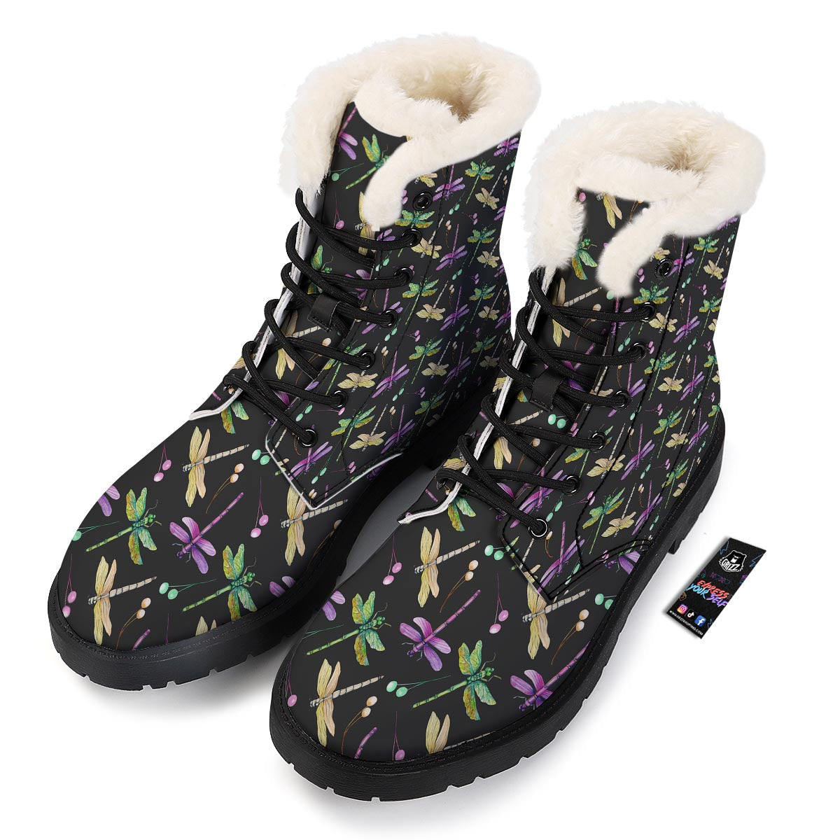 Dragonfly Black Purple And Teal Print Pattern Winter Boots-grizzshop