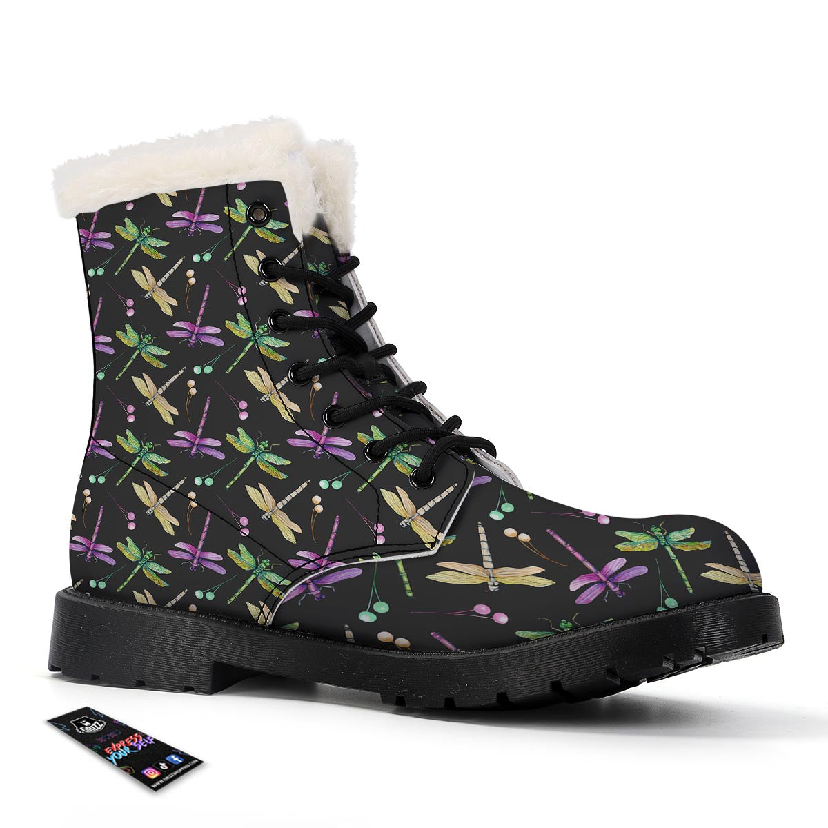 Dragonfly Black Purple And Teal Print Pattern Winter Boots-grizzshop