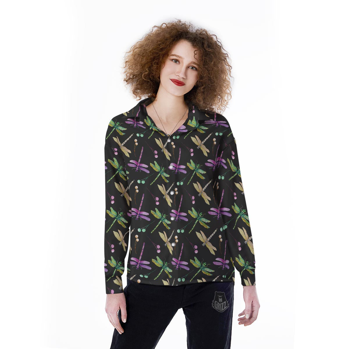 Dragonfly Black Purple And Teal Print Pattern Women's Long Sleeve Shirts-grizzshop