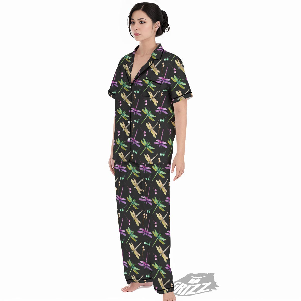 Dragonfly Black Purple And Teal Print Pattern Women's Pajamas Set-grizzshop