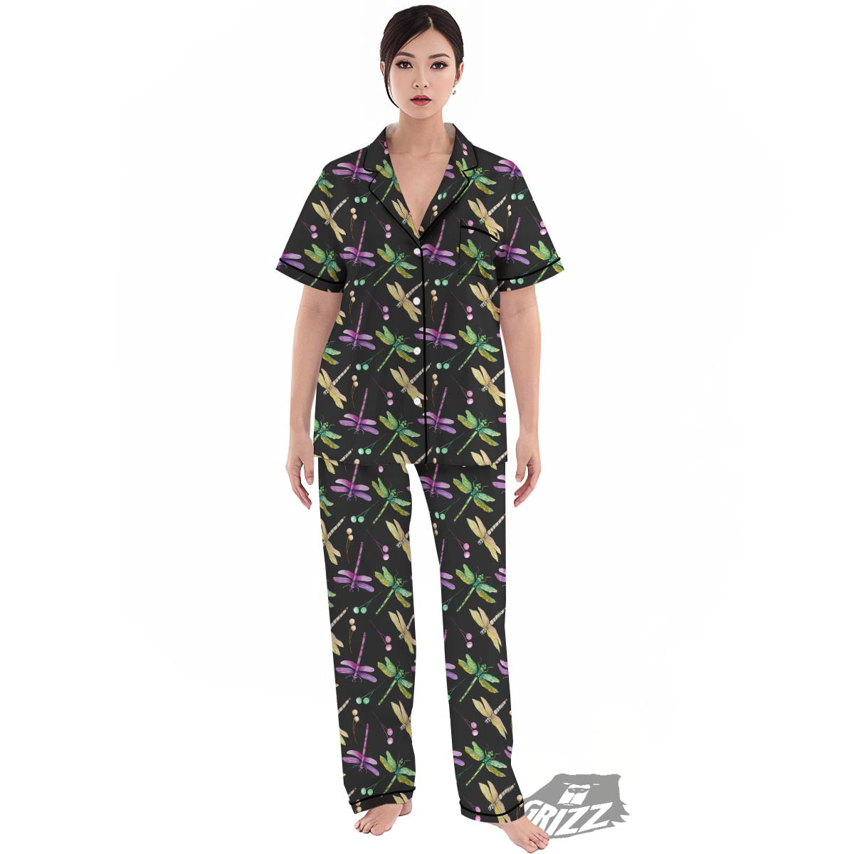 Dragonfly Black Purple And Teal Print Pattern Women's Pajamas Set-grizzshop
