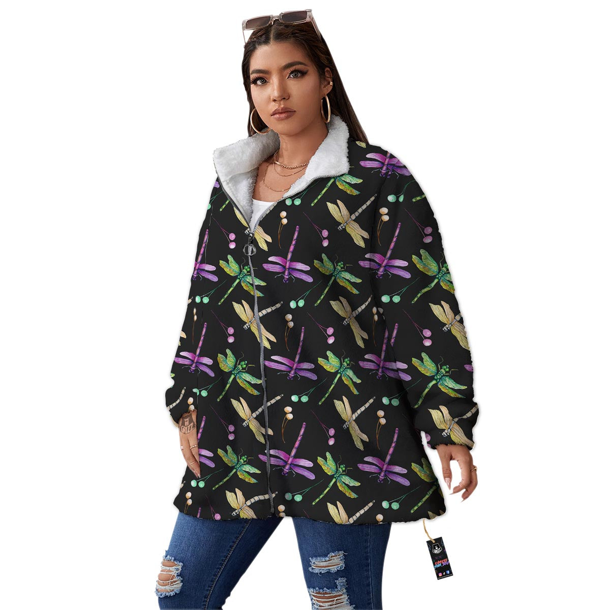 Dragonfly Black Purple And Teal Print Pattern Women's Sherpa Jacket-grizzshop