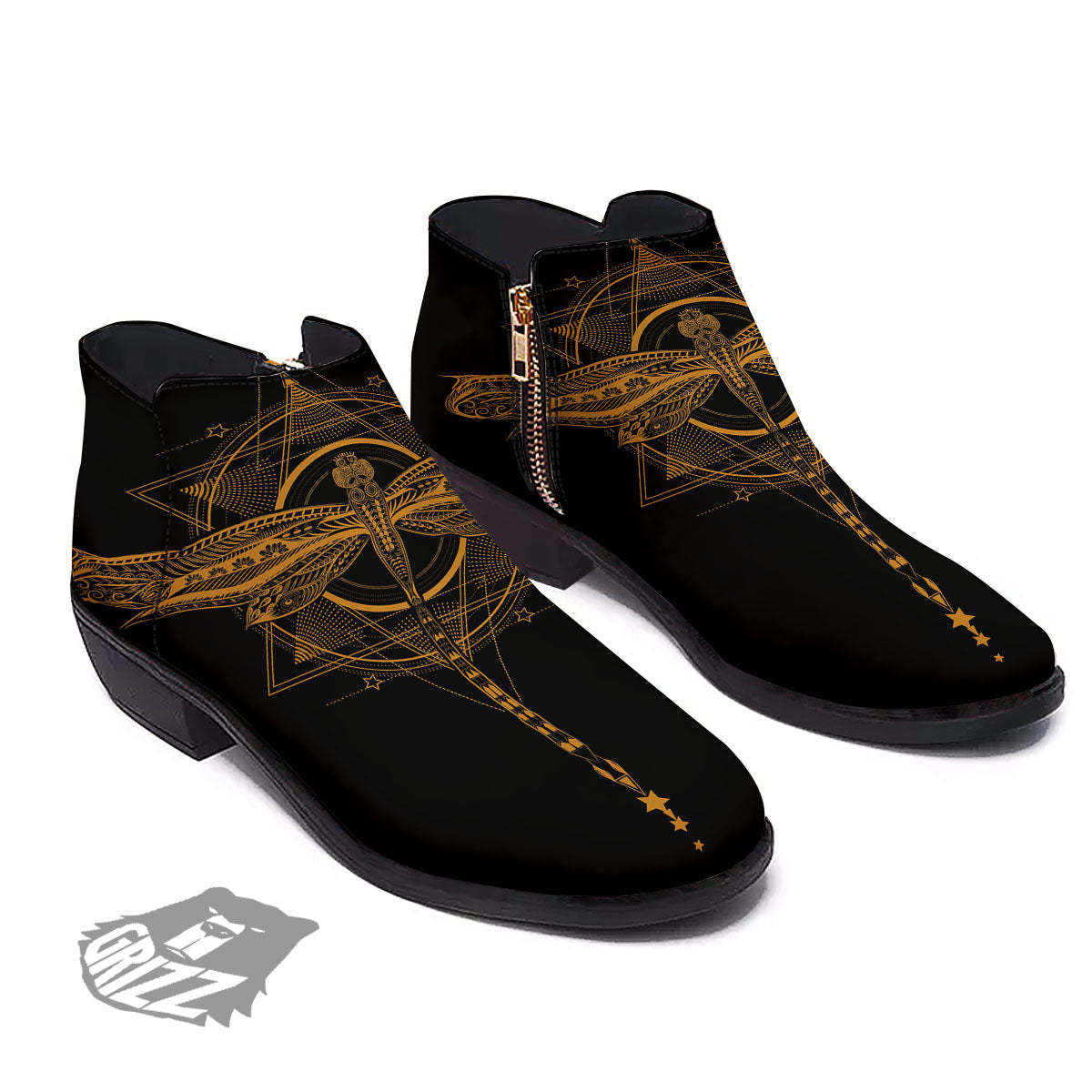 Dragonfly Boho Gold Print Ankle Boots-grizzshop