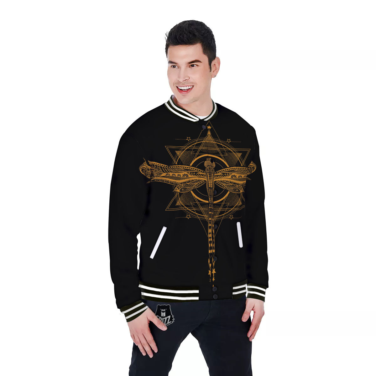 Dragonfly Boho Gold Print Baseball Jacket-grizzshop