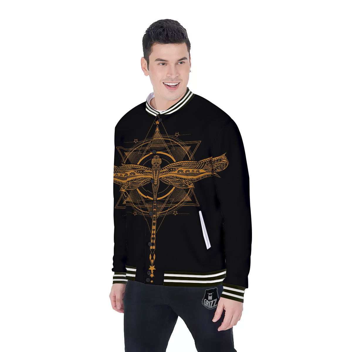 Dragonfly Boho Gold Print Baseball Jacket-grizzshop