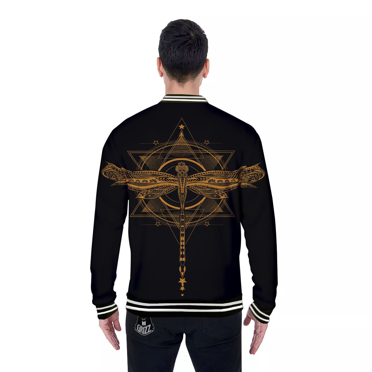 Dragonfly Boho Gold Print Baseball Jacket-grizzshop