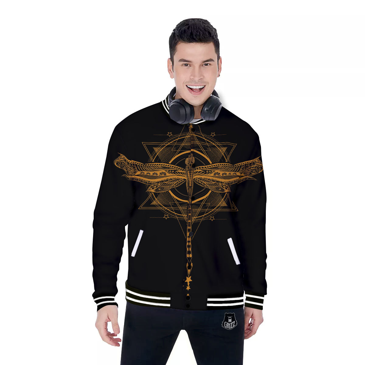 Dragonfly Boho Gold Print Baseball Jacket-grizzshop