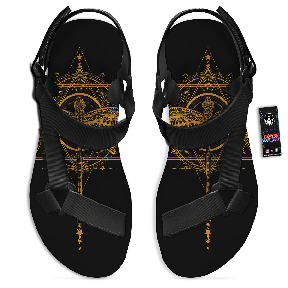 Dragonfly Boho Gold Print Black Open Toe Sandals-grizzshop