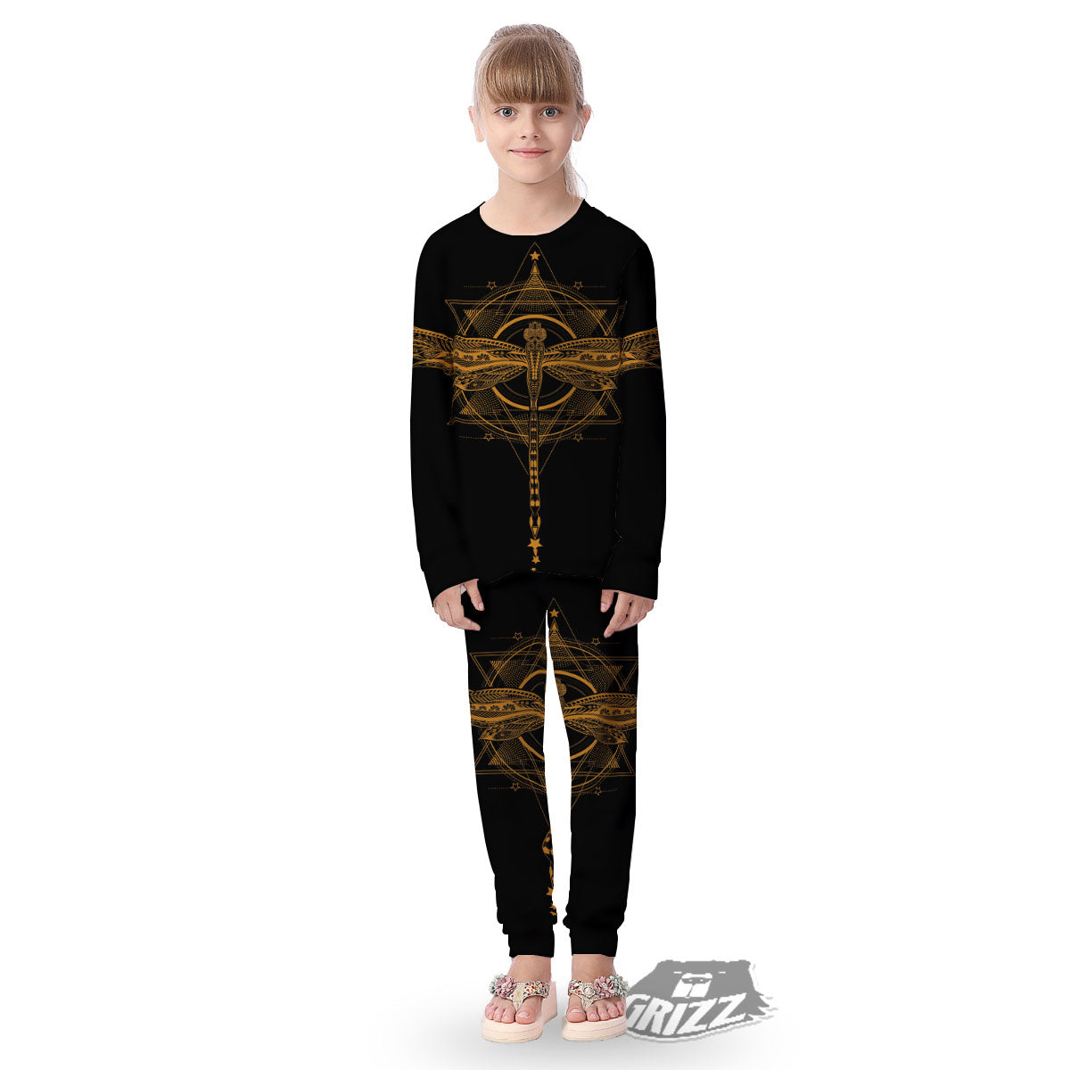 Dragonfly Boho Gold Print Kid's Pajamas-grizzshop