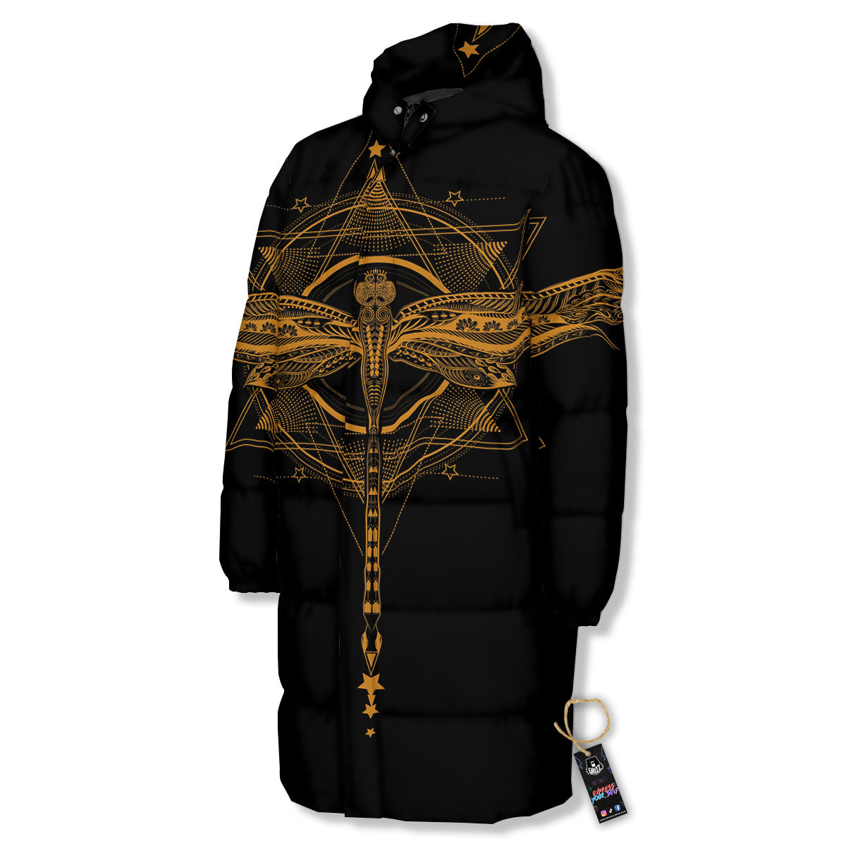 Dragonfly Boho Gold Print Long Down Jacket-grizzshop