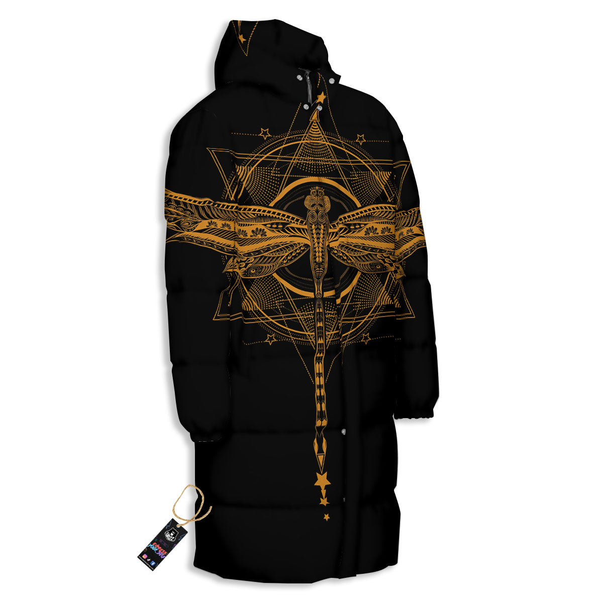 Dragonfly Boho Gold Print Long Down Jacket-grizzshop