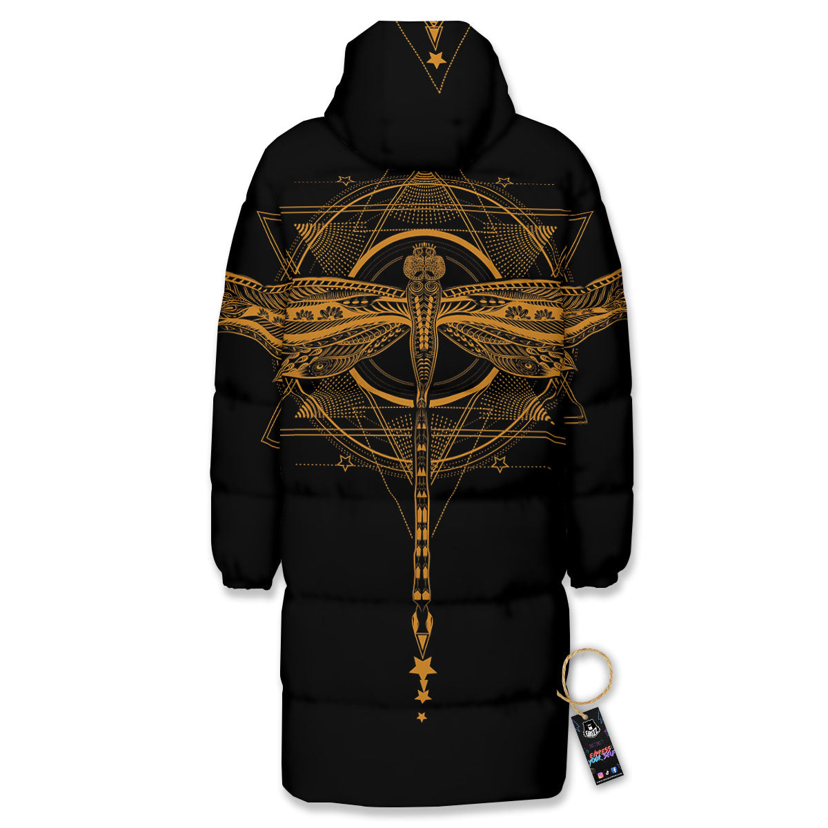Dragonfly Boho Gold Print Long Down Jacket-grizzshop