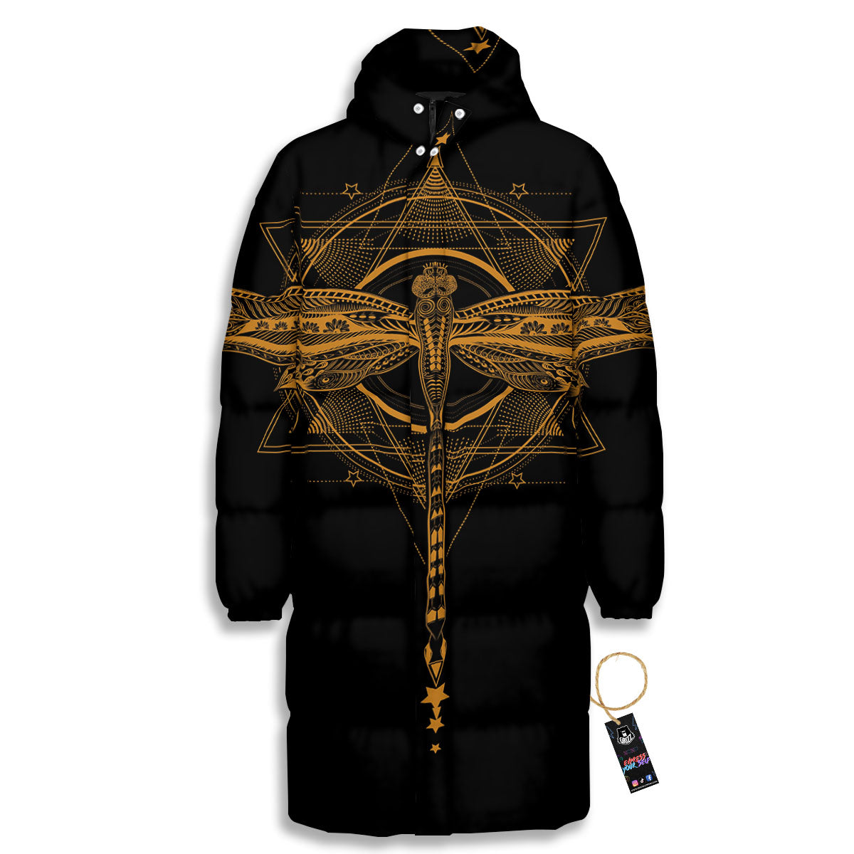 Dragonfly Boho Gold Print Long Down Jacket-grizzshop