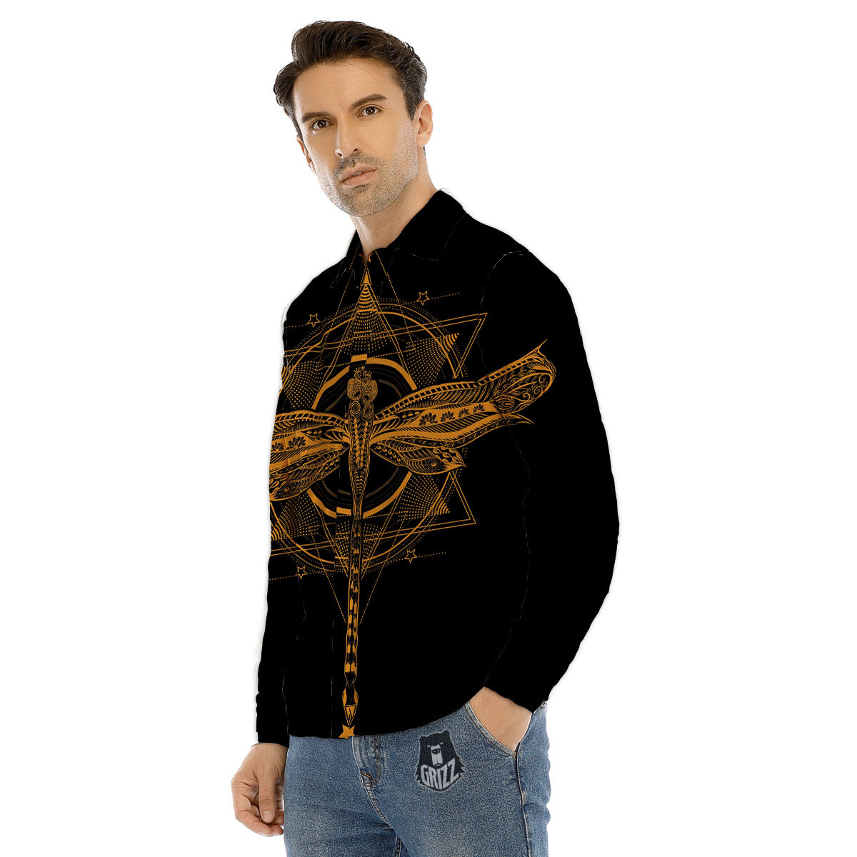 Dragonfly Boho Gold Print Men's Dress Shirts-grizzshop