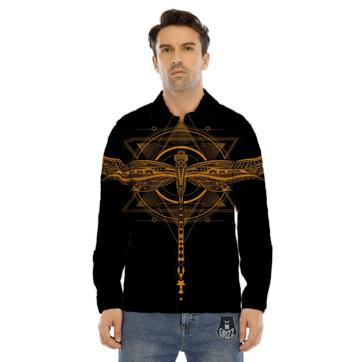 Dragonfly Boho Gold Print Men's Dress Shirts-grizzshop
