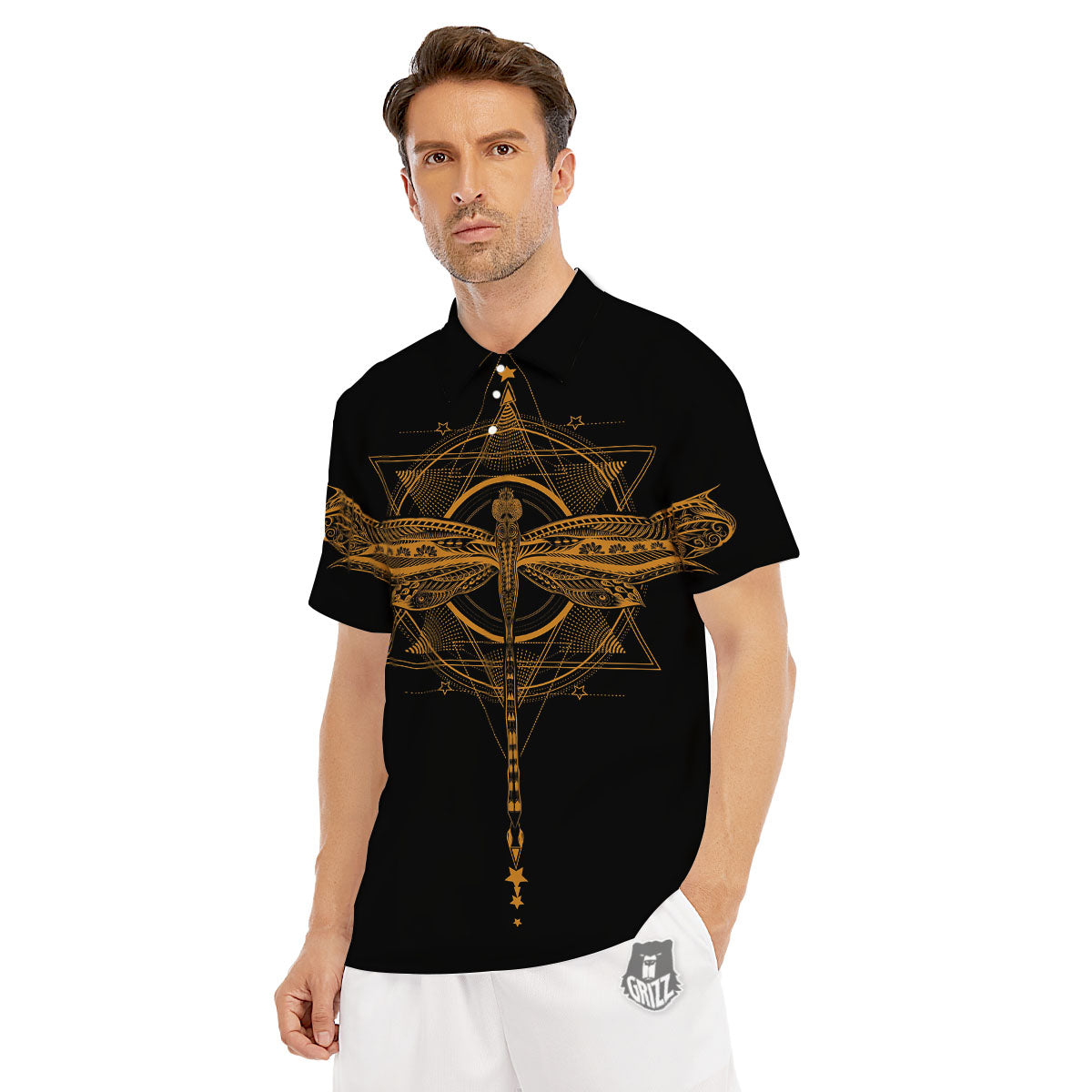 Dragonfly Boho Gold Print Men's Golf Shirts-grizzshop