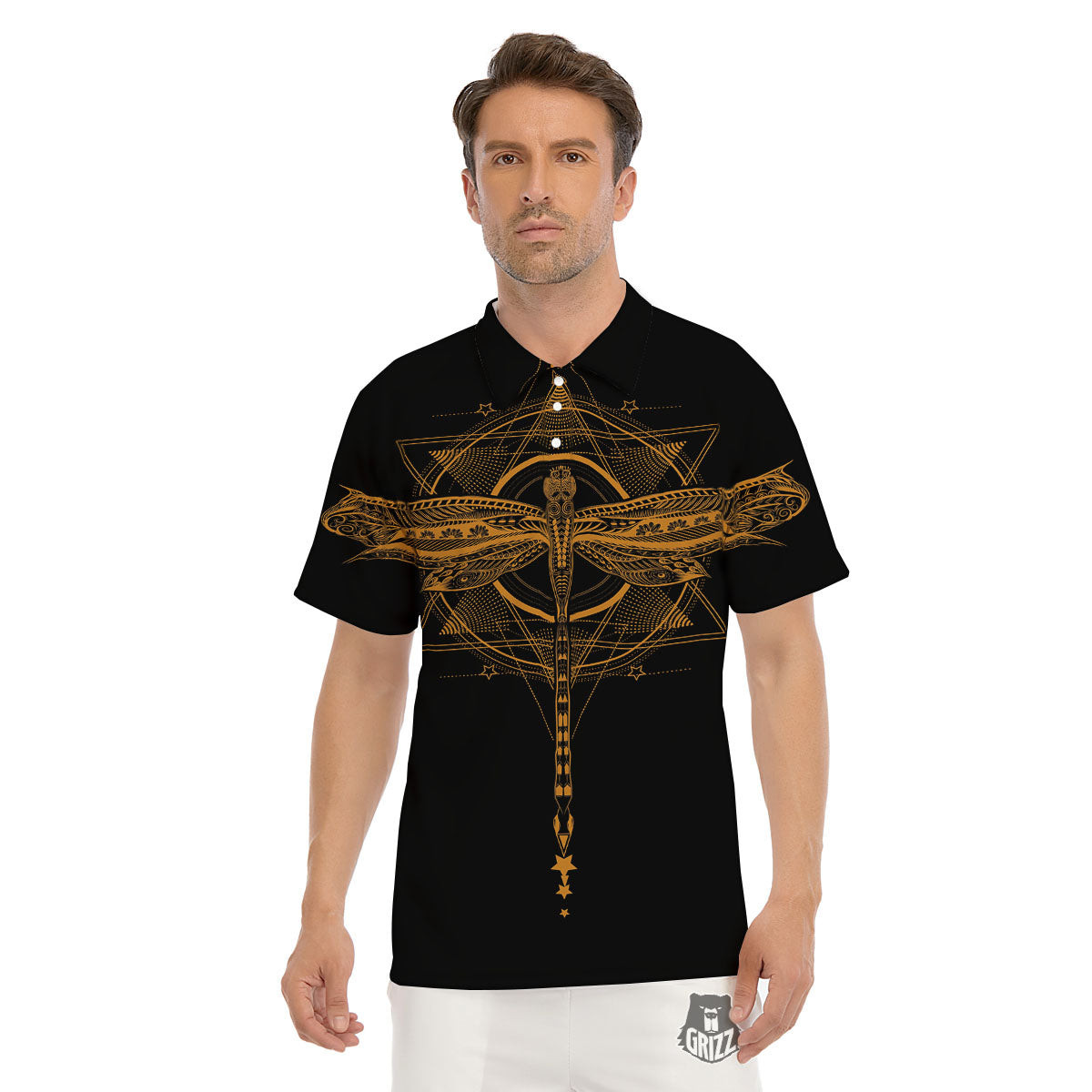 Dragonfly Boho Gold Print Men's Golf Shirts-grizzshop