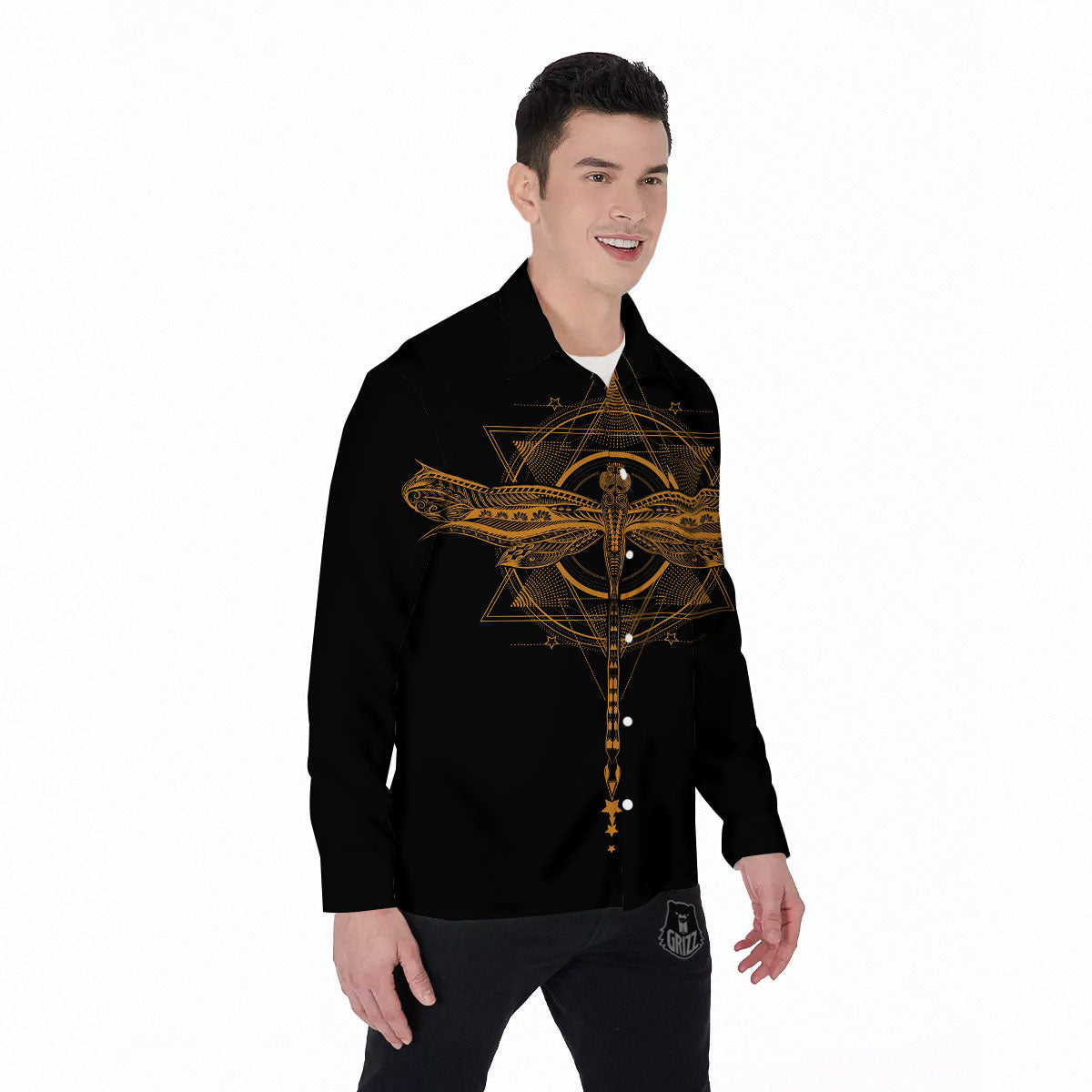 Dragonfly Boho Gold Print Men's Long Sleeve Shirts-grizzshop