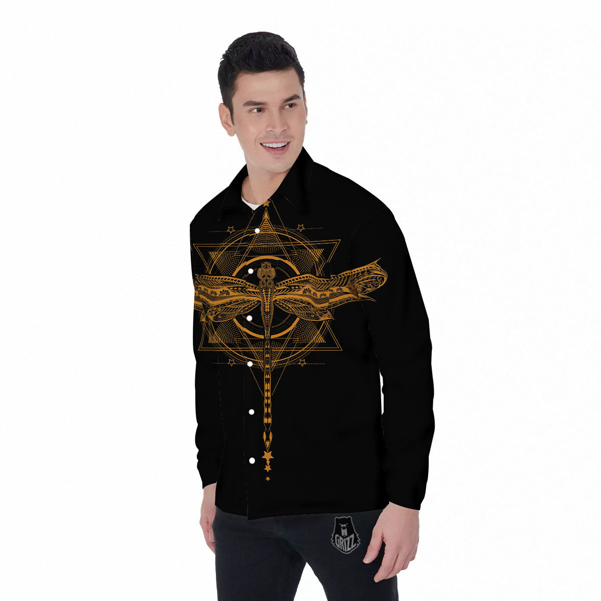 Dragonfly Boho Gold Print Men's Long Sleeve Shirts-grizzshop