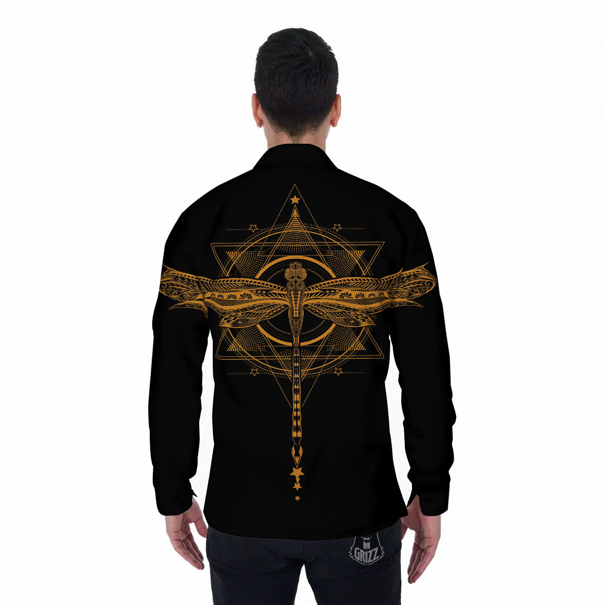 Dragonfly Boho Gold Print Men's Long Sleeve Shirts-grizzshop