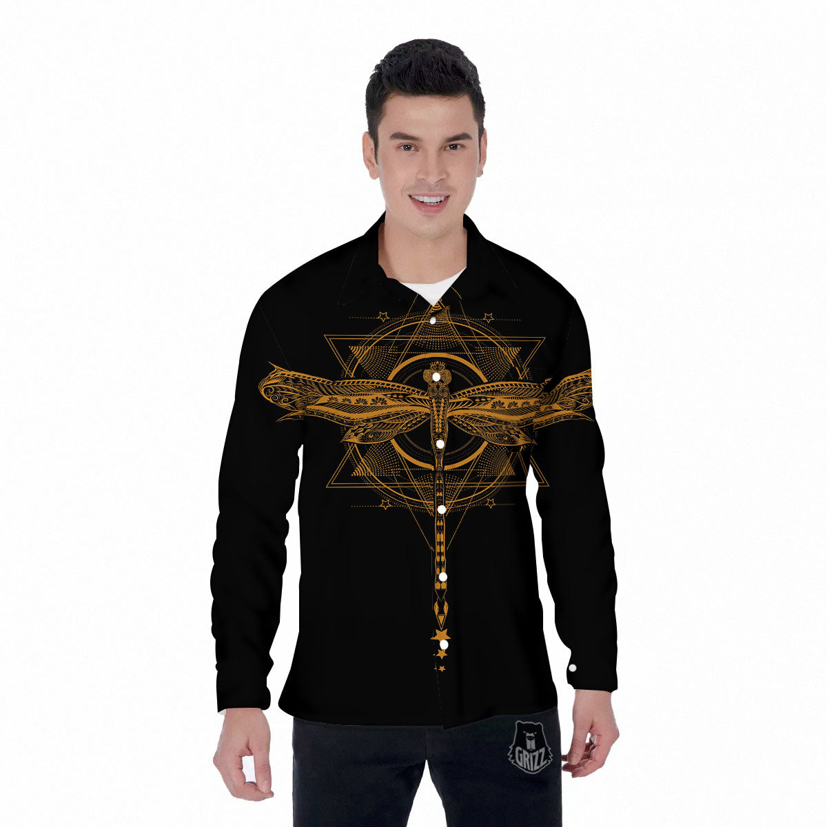 Dragonfly Boho Gold Print Men's Long Sleeve Shirts-grizzshop