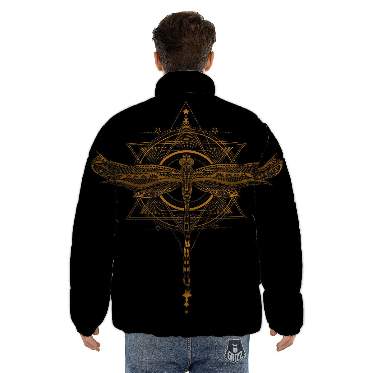Dragonfly Boho Gold Print Puffer Jacket-grizzshop