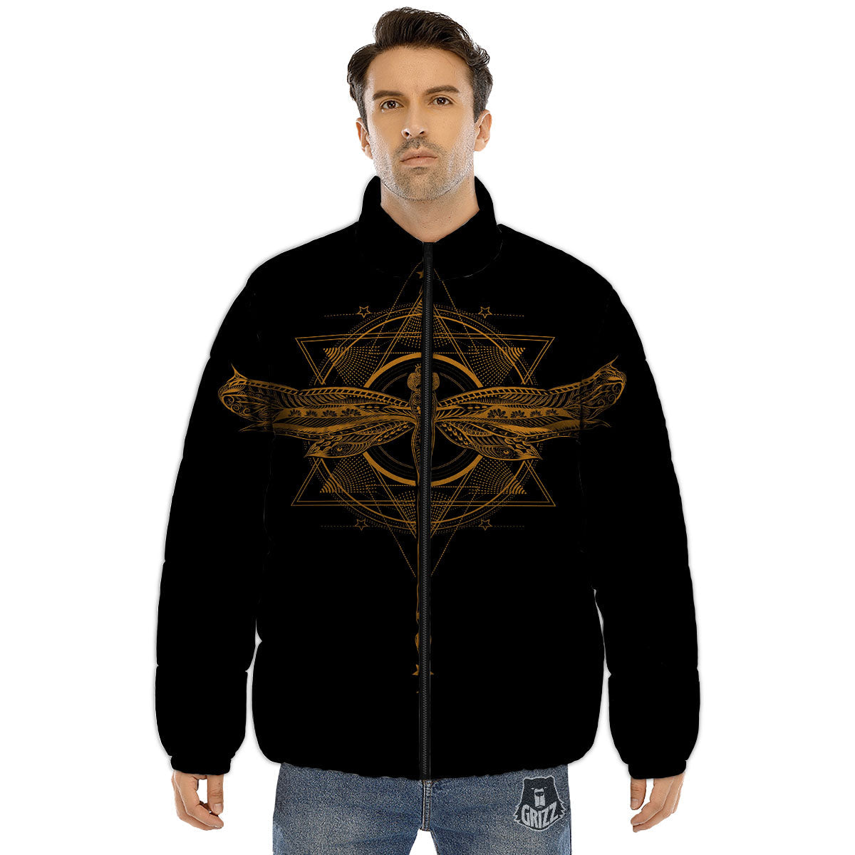 Dragonfly Boho Gold Print Puffer Jacket-grizzshop