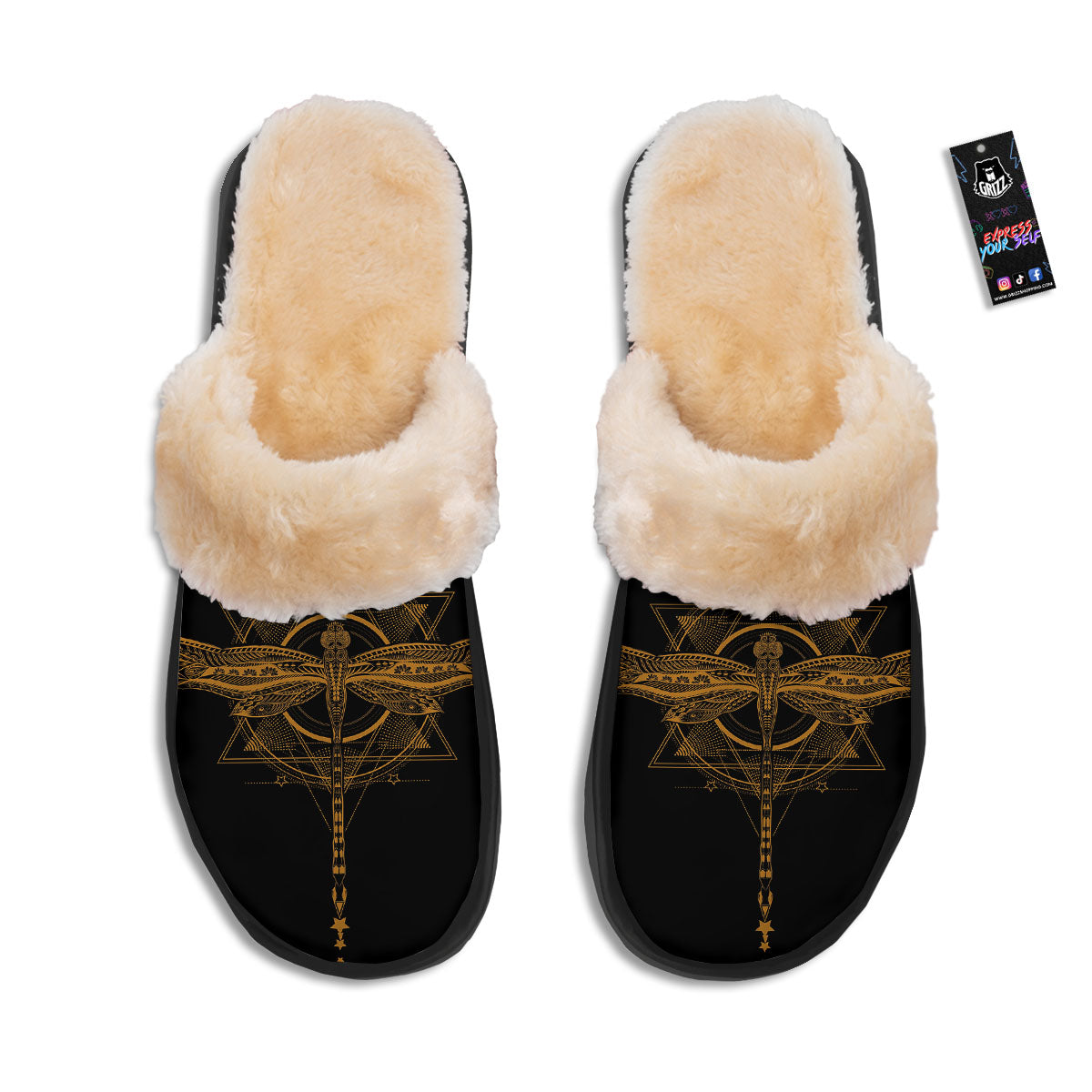 Dragonfly Boho Gold Print Slippers-grizzshop
